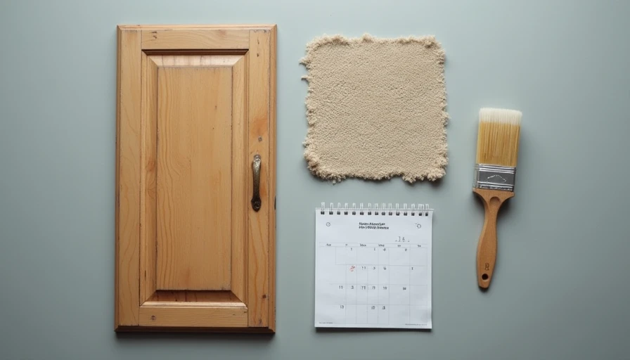 Can Wait Months Old cabinet door, carpet swatch, paintbrush, and calendar on grey surface.