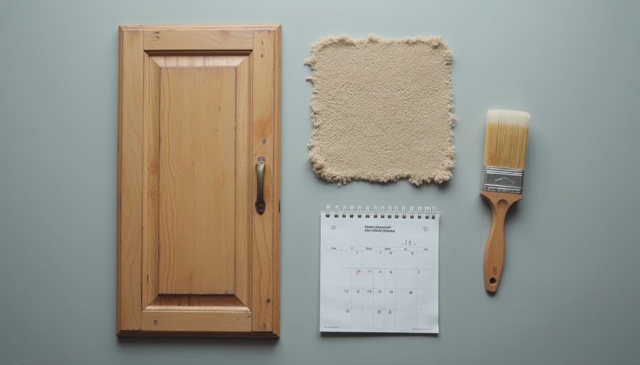 Can Wait Months Old cabinet door, carpet swatch, paintbrush, and calendar on grey surface.