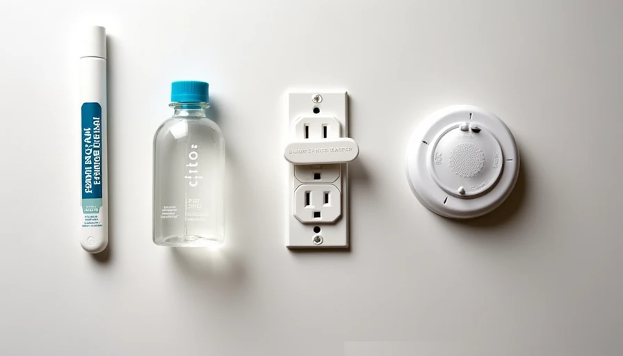 Urgent Toddler Safety Tasks Lead test, water bottle, wall anchor, outlet cover, and smoke detector on white.