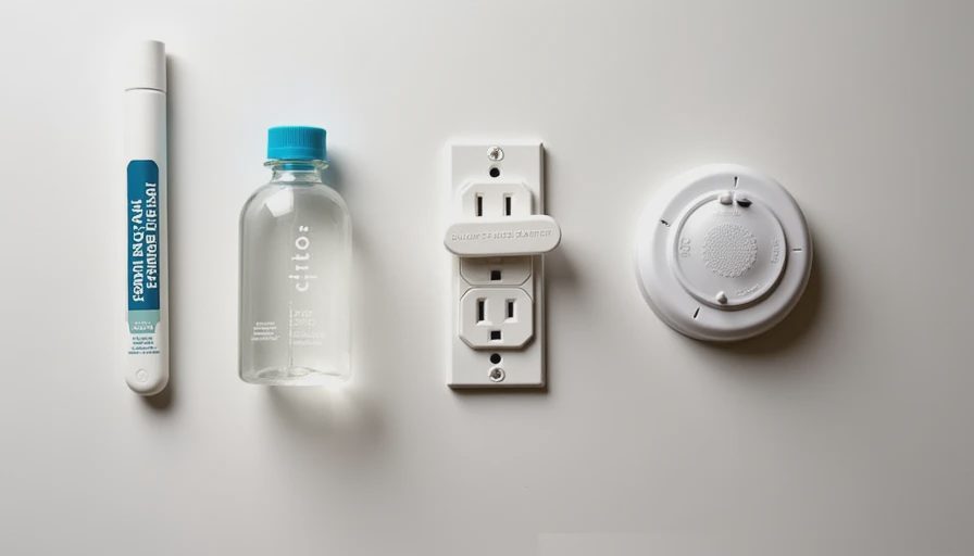 Urgent Toddler Safety Tasks Lead test, water bottle, wall anchor, outlet cover, and smoke detector on white.