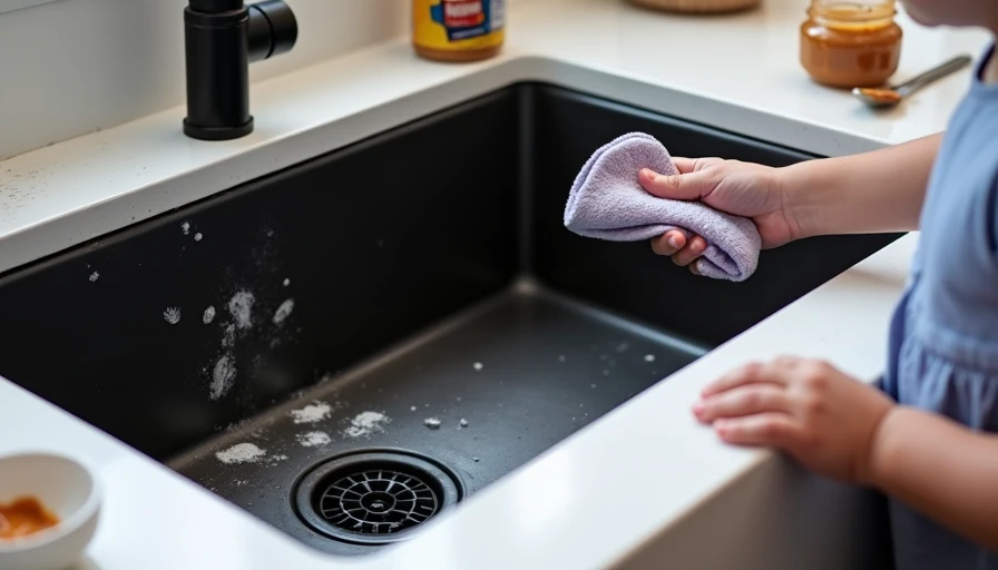 Close‑up of matte black faucet with white spots, fingerprints, and jelly smears – brushed nickel finish shown as alternative