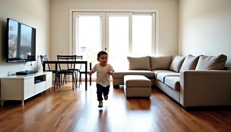Toddler running in 3‑foot gap behind sectional, dining chairs tucked flush to wall to avoid metal leg collisions