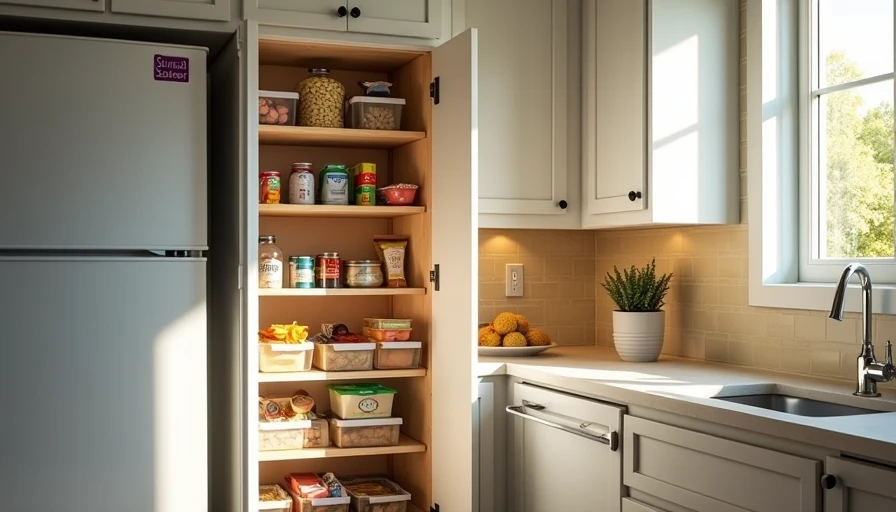 Kitchen with new modular pantry cabinet open, showing neatly arranged shelves and toddler snacks