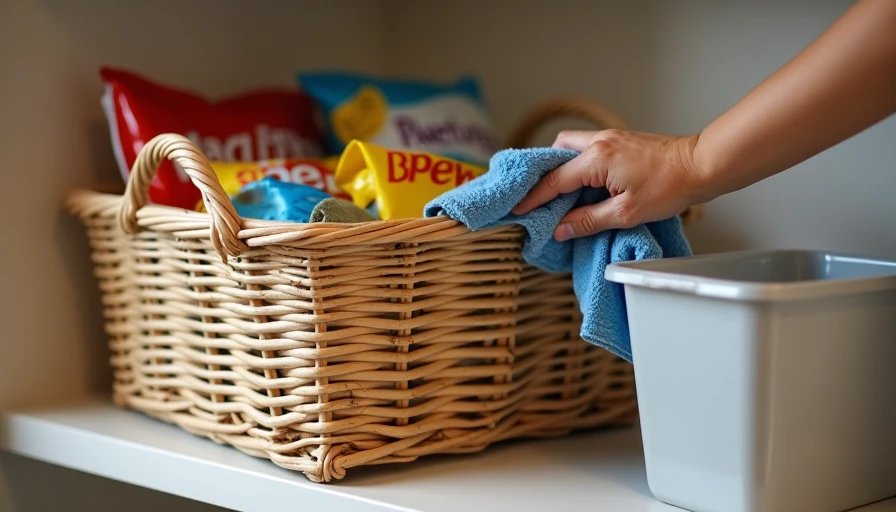 Close‑up of woven basket on open shelf with trapped crumbs, oil stain, and dust – impractical for busy kitchens