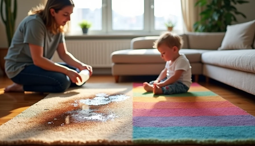 Natural jute rug with dark spilled milk stain and cleaning spray – compared to machine‑washable rug with toddler playing