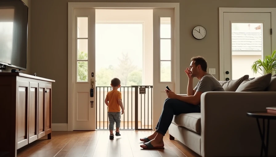 Front door with smart lock at adult height and upper chain lock, parent on sofa has clear sightline