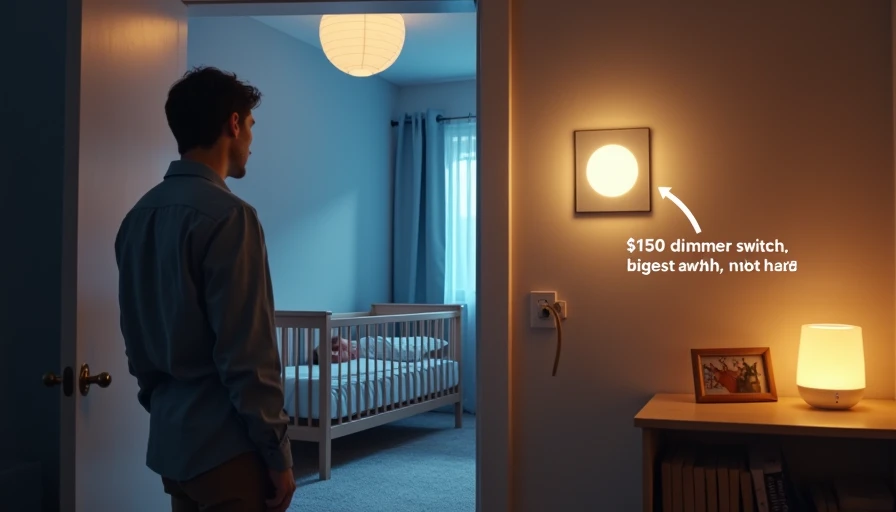 Parent at nursery doorway with dimmer switch at 10% warm glow, toddler sleeping peacefully in crib