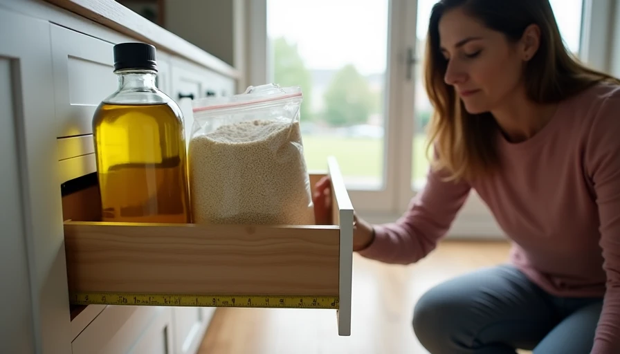 Pull‑out drawer with large 2‑liter olive oil bottle wedged diagonally because 12‑inch depth is too shallow