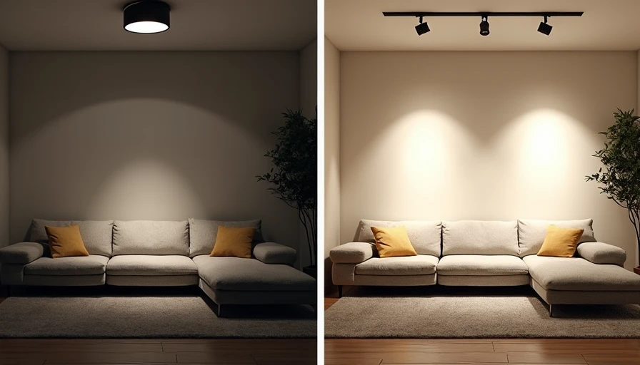 Split image – dim boob light ceiling fixture on left vs. bright adjustable track lighting on right