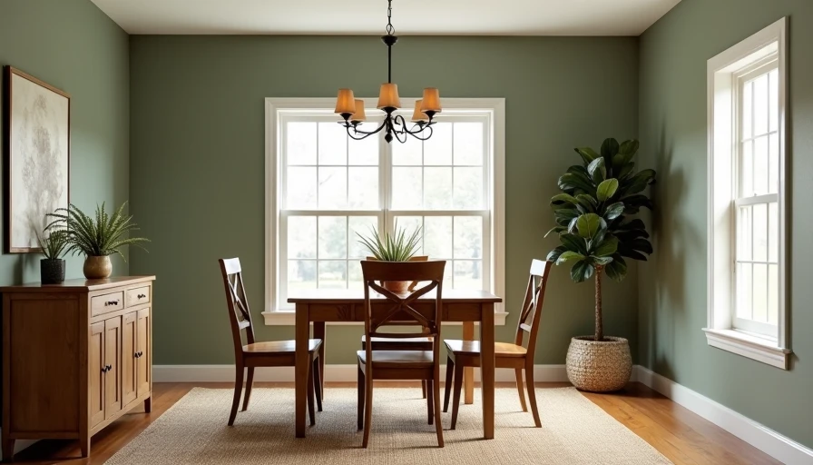 Muted olive sage walls, oak table, simple wood chairs, jute rug – room looks intentional and custom without upgrades