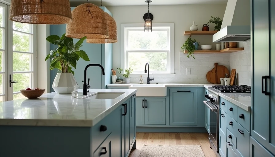 Light blue coastal kitchen with rattan pendants, seagrass rug – stark matte black faucet and pulls look jarring and out of place