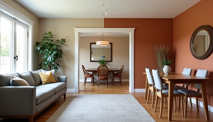 Wide shot of open living‑dining space – left side builder beige living room, right side soft terracotta dining room with oak table
