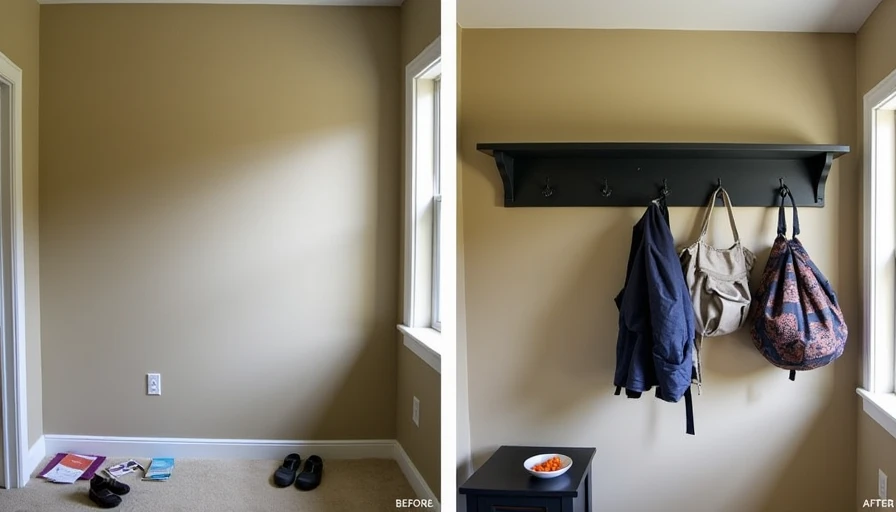 Split comparison – empty beige entry wall with clutter on floor vs. wooden shelf and black hooks creating mudroom landing strip