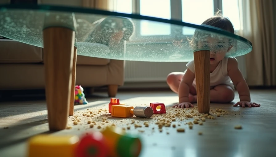 Low‑angle toddler‑eye view of glass coffee table with fingerprints, dust, and toys visible underneath