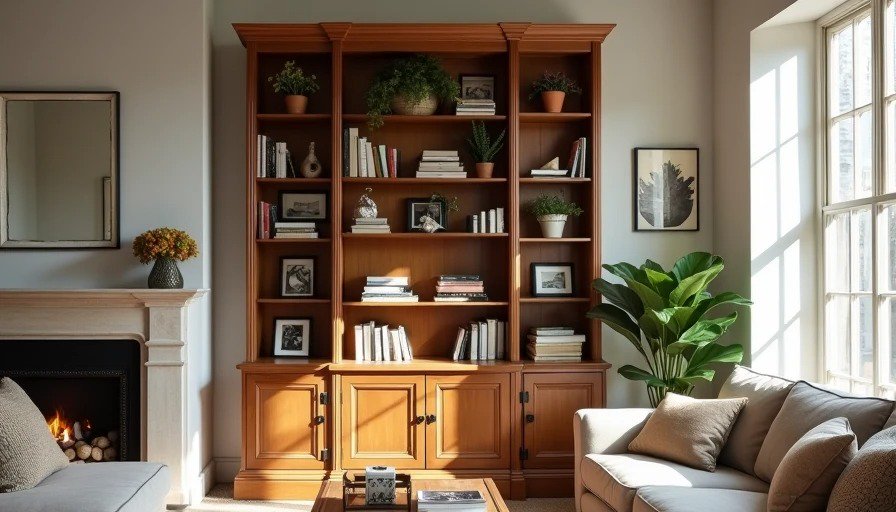 Tall solid wood antique bookcase sitting flush against wall, styled with books and plants – movable built‑in alternative