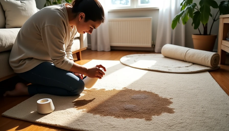 Natural jute rug with large dark milk stain, sippy cup nearby, parent trying to clean with paper towels