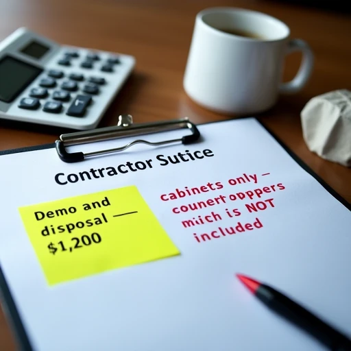 Close-up of contractor quote with “Demo and disposal – $1,200” highlighted, handwritten note “cabinets only – countertops NOT included”