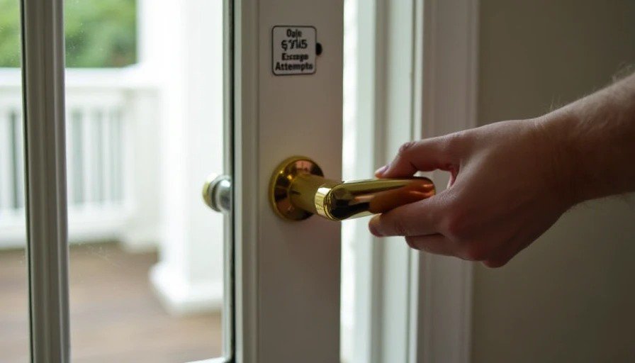 Adult hand reaching up to unlock child‑proof lever lock installed 5 feet high on front door frame