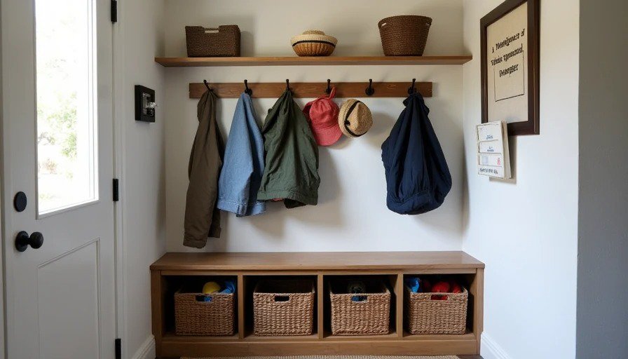 Finished entryway with wall‑mounted coat rail, narrow bench, floating shelves, woven baskets, and key organizer