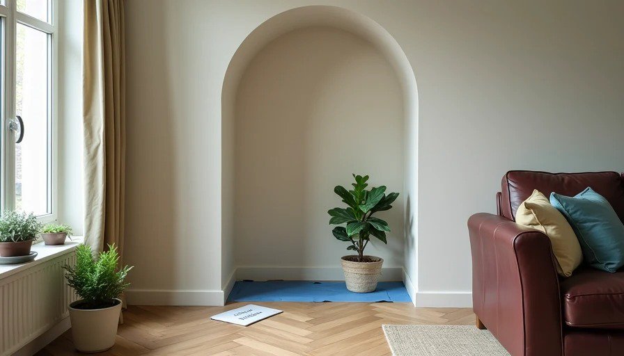 Awkward alcove with sloped ceiling, currently empty with a single plant, blue tape marking edges, notepad saying “Wait 6 months”