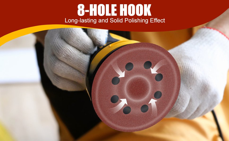 A close-up promotional image highlighting the 8-hole configuration of the sanding disc. It shows a person wearing protective work gloves holding an orbital sander, with white arrows indicating the dust extraction capabilities through the 8 pre-punched holes.